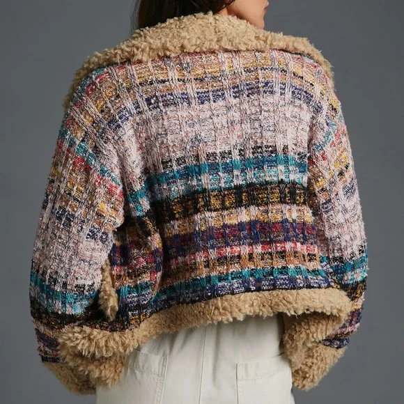 Anthropologie faux shearling-trimmed cropped sweater coat. - Picture 3 of 10